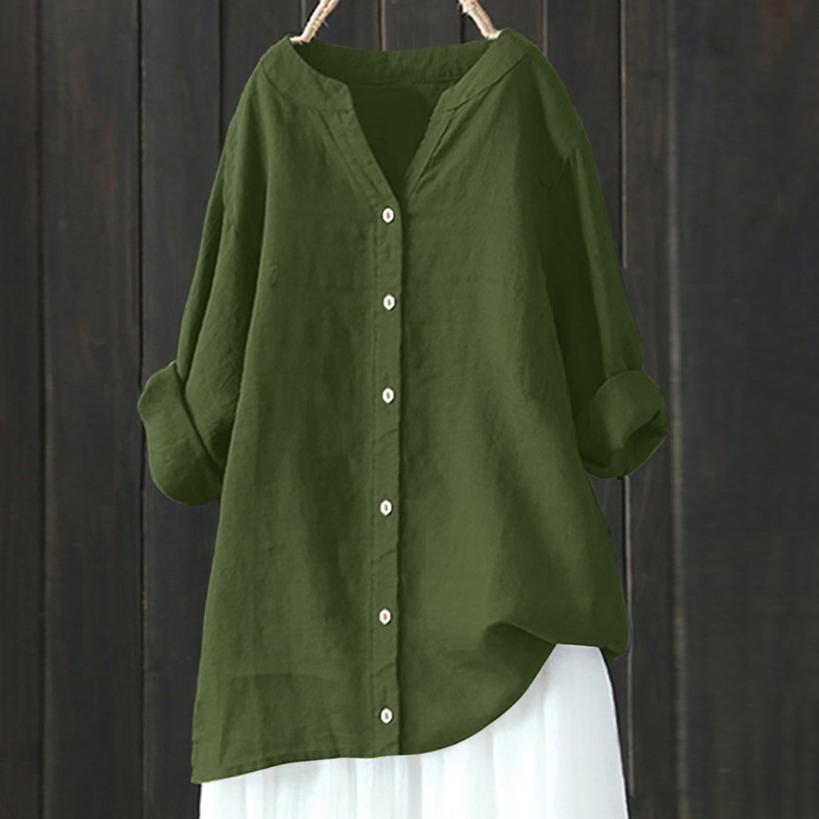 thumbnail image 2 of Blusa holgada con botones para mujer - Camisa informal de manga larga y color liso - Cuello en V, elegante, ideal para el trabajo diario y los viajes - Para todas las estaciones, tallas S-XXXXXL, 2 of 4